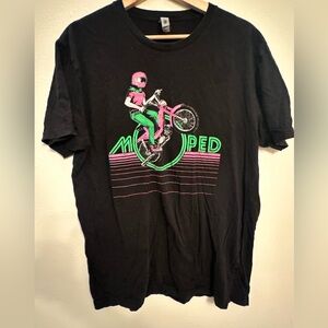Next Level Black Tee with Pink and‎ Green Moped Design female rider 1980’s vibe